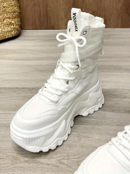 Sneakers alte alla moda da donna - Stivali casual con punta tonda, lacci in tessuto EVA tinta unita, suola in poliuretano e interno in tessuto - Scarpe streetwear versatili per tutte le stagioni