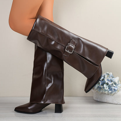 Stivali da donna alti fino al ginocchio in PU marrone con fibbia in metallo e punta affilata - Stivali eleganti per tutte le stagioni con tacco spesso, antiscivolo, soletta imbottita e supporto dell'arco plantare