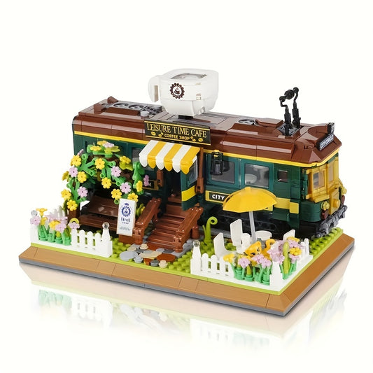 1081pcs Train Cafe House Assembled Toy Ornament, Green Faux Leather Train, City Shop, Street Scene Assembly Toy Model, Creative Retro Construction Set, Halloween/Thanksgiving Day/Christmas gift