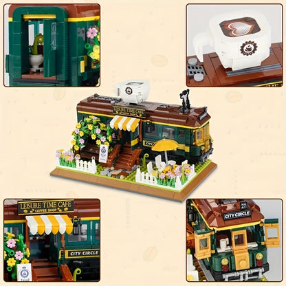 1081pcs Train Cafe House Assembled Toy Ornament, Green Faux Leather Train, City Shop, Street Scene Assembly Toy Model, Creative Retro Construction Set, Halloween/Thanksgiving Day/Christmas gift