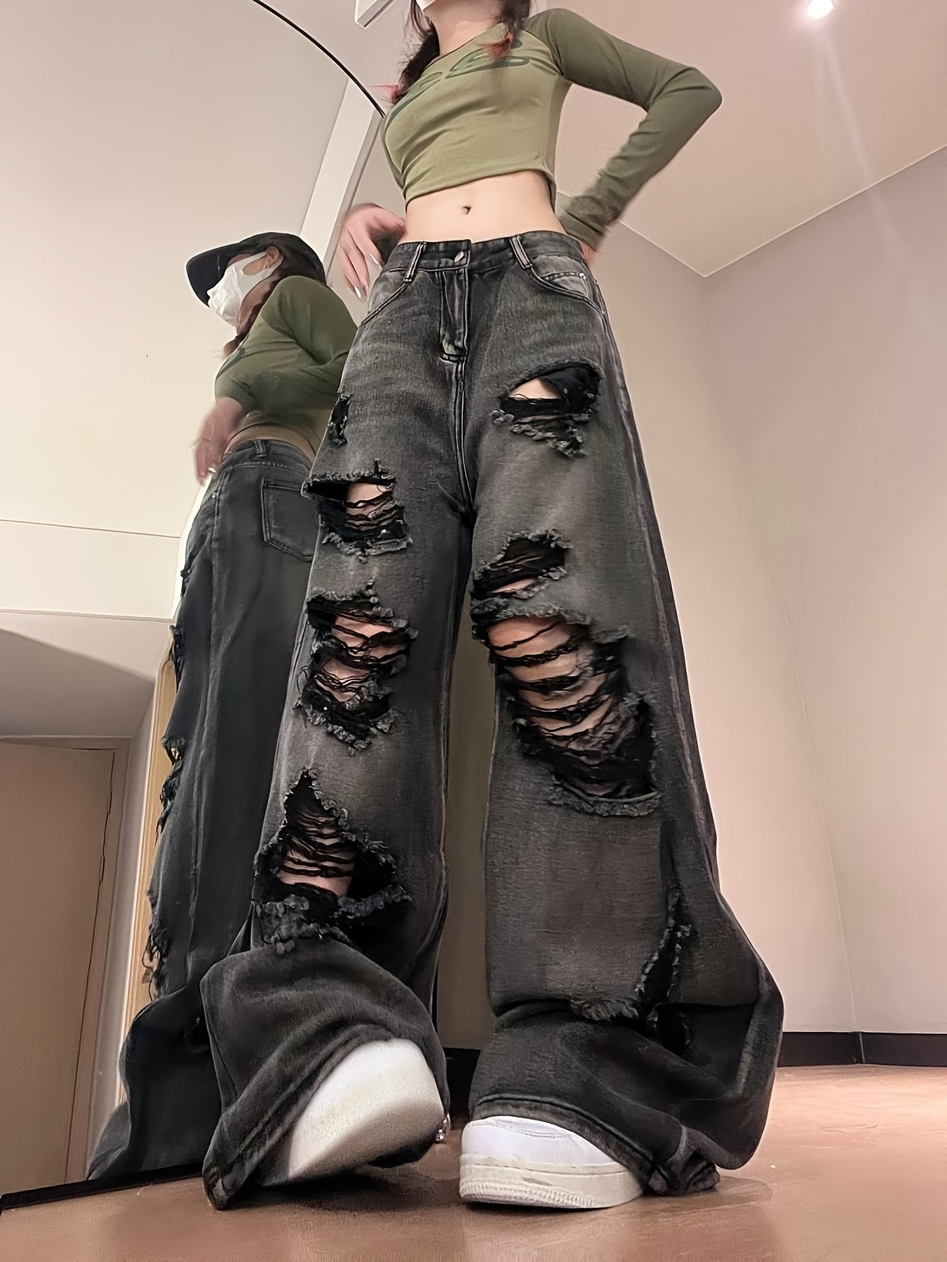 Women Ripped Jeans High Waist Fashion American Vintage Streetwear Harajuku Y2K Hip Hop Wide Leg Jean Female Denim Trouser Baggy Denim Pants