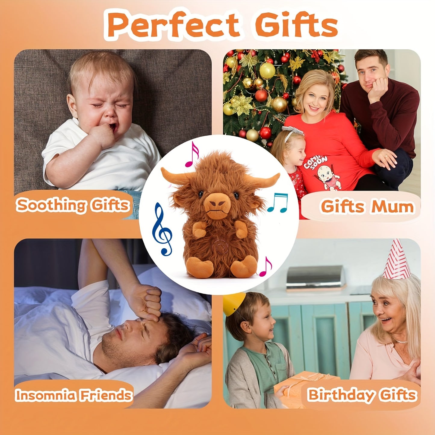 Highland Cow Musical Plushie: Glowing LED Nightlight, Sings Lullabies, Suitable for 3-6 Year Olds