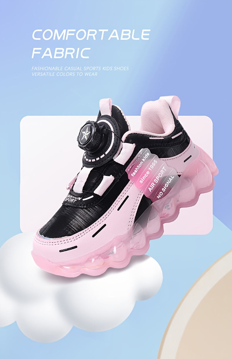 Kids' Preppy Sports Sneakers with Rotating Buckle, Lightweight EVA Sole, Non-Slip PU Upper, Comfortable Fabric Lining, Alphabet Pattern, All-Season Casual Footwear for Outdoor Activities, Training, Hiking - Ideal for Valentin