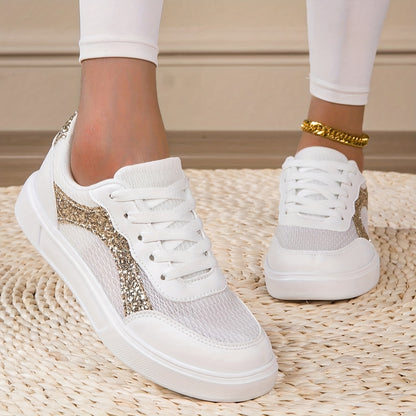 Women'S Fashion Sneakers | Comfortable Low-Top Lace-Up Casual Sports Shoes | Breathable Synthetic Cover with Glitter Accents | All-Season EVA Sole | Versatile Round-Toe Design, Ladies Sneaker