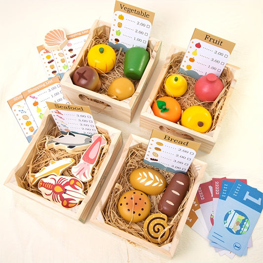 Set di frutta e verdura in scatola, giocattolo educativo in legno con cartellini dei prezzi, colore legno naturale, ideale per giochi di finzione e apprendimento, set di giocattoli educativi | Finitura in legno naturale