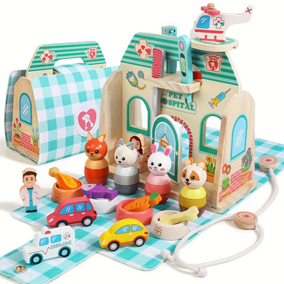 Giocattoli di simulazione per ospedali per animali, giocattoli educativi colorati in legno, gioco creativo e sviluppo delle capacità motorie, sviluppo del riconoscimento dell'abbinamento delle forme