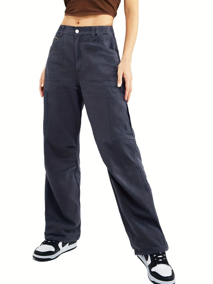 Pantaloni cargo con tasche a patta e tasche oblique, pantaloni larghi a vita alta con bottoni Y2K per primavera ed estate, abbigliamento da donna