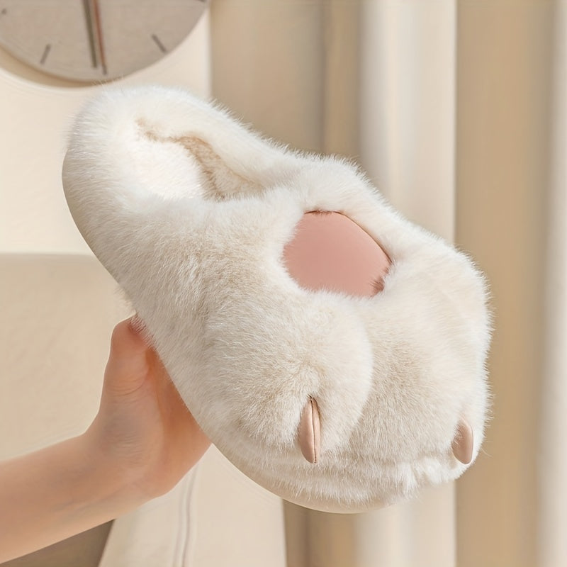Women's Plush Novelty Slippers, Kawaii Cat Shaped Fluffy Slip On Shoes, Warm & Cozy Mute Slippers