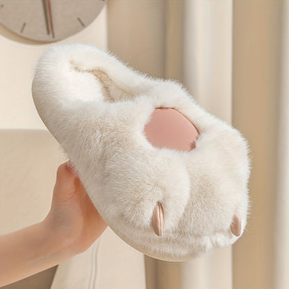Women's Plush Novelty Slippers, Kawaii Cat Shaped Fluffy Slip On Shoes, Warm & Cozy Mute Slippers