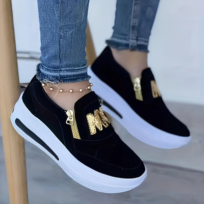 Sneakers con zeppa alla moda da donna, scarpe sportive casual, resistenti ed eleganti con cerniera e lettere decorative, comode e traspiranti, per tutti i giorni