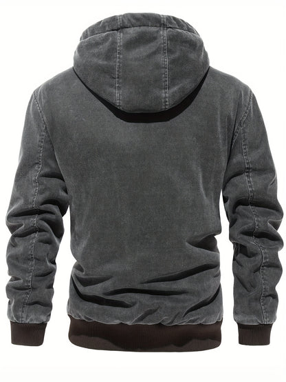 Men'S Distressed Hooded Softshell Jacket, Autumn Winter Outerwear with Pockets, Trendy Item