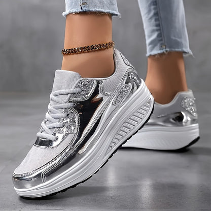 Sneakers glitterate alla moda da donna, scarpe casual riflettenti da passeggio, scarpe sportive leggere e rialzate, calzature comode con suola spessa