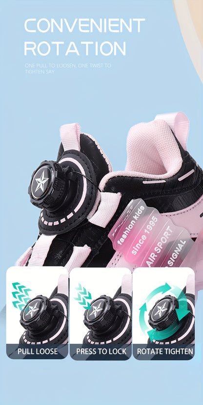 Kids' Preppy Sports Sneakers with Rotating Buckle, Lightweight EVA Sole, Non-Slip PU Upper, Comfortable Fabric Lining, Alphabet Pattern, All-Season Casual Footwear for Outdoor Activities, Training, Hiking - Ideal for Valentin