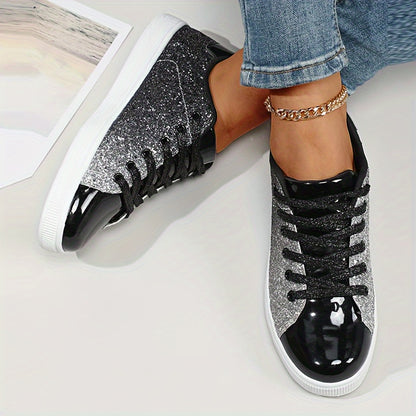 Sneakers da skateboard con paillettes da donna, tomaia in PU antiscivolo per tutte le stagioni, suola in TPR, soletta e fodera in tessuto, design a tinta unita