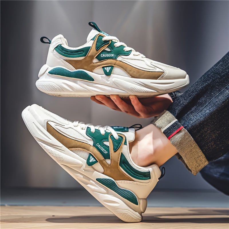 Men's Vintage Colour Block Chunky Shoes, Comfy Non Slip Durable Lace Up Soft Sole Sneakers For Men's Outdoor Activities