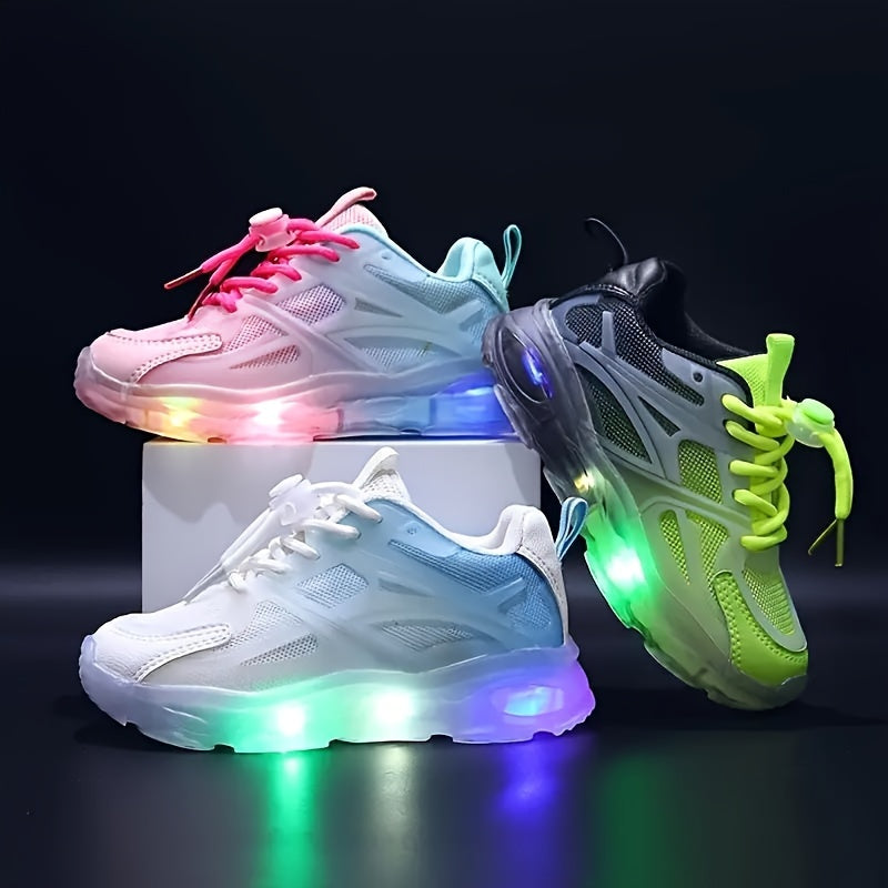 Sneakers in mesh traspirante per bambini con luci LED - Design geometrico alla moda, suola in PVC antiscivolo per ragazzi e ragazze