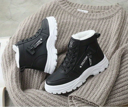 Women's Plush Lined Ankle Boots, Winter Warm Lace Up High Top Sneakers, Thermal Outdoor Short Boots