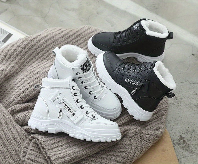 Women's Plush Lined Ankle Boots, Winter Warm Lace Up High Top Sneakers, Thermal Outdoor Short Boots