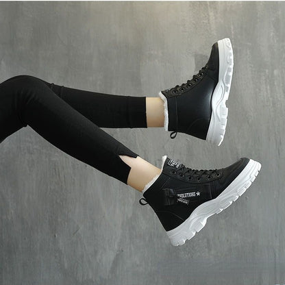Women's Plush Lined Ankle Boots, Winter Warm Lace Up High Top Sneakers, Thermal Outdoor Short Boots