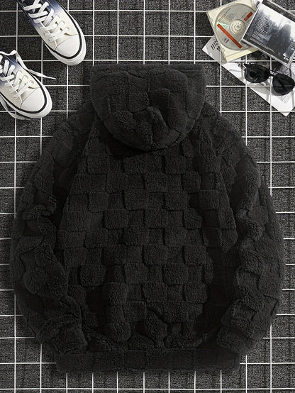Felpa con cappuccio da uomo in peluche ricamata California Westcoast - Pile doppio in poliestere spesso e morbido con dettagli a quadri, pullover casual a maniche lunghe per autunno e inverno, felpa con cappuccio foderata in pile