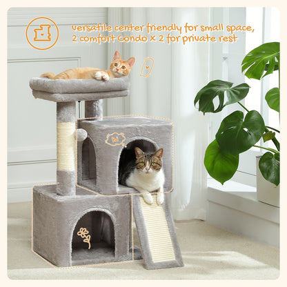 Pawz Road Cat Scratching Post with Dual Condos for Indoor Cats, All-in-One Cat House with Padded Perch, Scratching Ramp And Posts, with Interchangeable Balls
