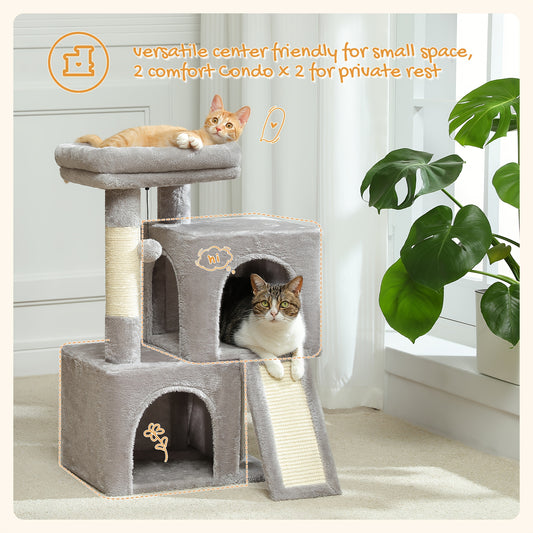 Pawz Road Cat Scratching Post with Dual Condos for Indoor Cats, All-in-One Cat House with Padded Perch, Scratching Ramp And Posts, with Interchangeable Balls