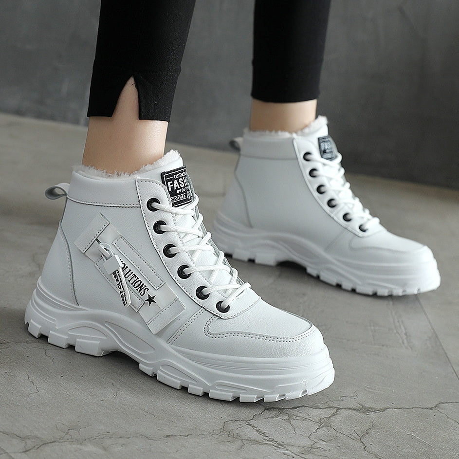 Cozy Fleece-Lined High-Top Sneakers for Women - Casual Lace-Up, Non-Slip Rubber Sole, All-Season Comfort, Warm, Boots