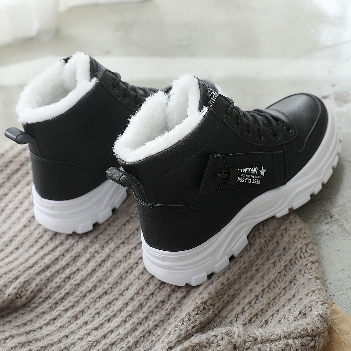 Cozy Fleece-Lined High-Top Sneakers for Women - Casual Lace-Up, Non-Slip Rubber Sole, All-Season Comfort, Warm, Boots