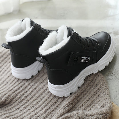 Cozy Fleece-Lined High-Top Sneakers for Women - Casual Lace-Up, Non-Slip Rubber Sole, All-Season Comfort, Warm, Boots