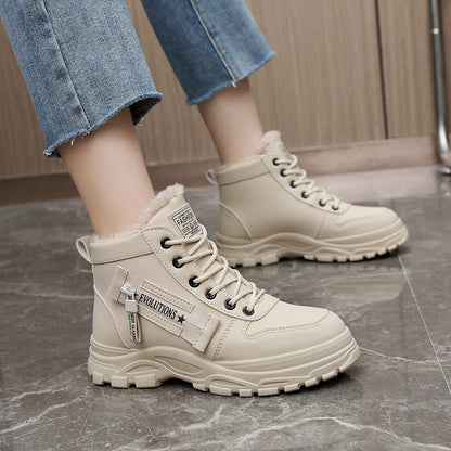 Cozy Fleece-Lined High-Top Sneakers for Women - Casual Lace-Up, Non-Slip Rubber Sole, All-Season Comfort, Warm, Boots
