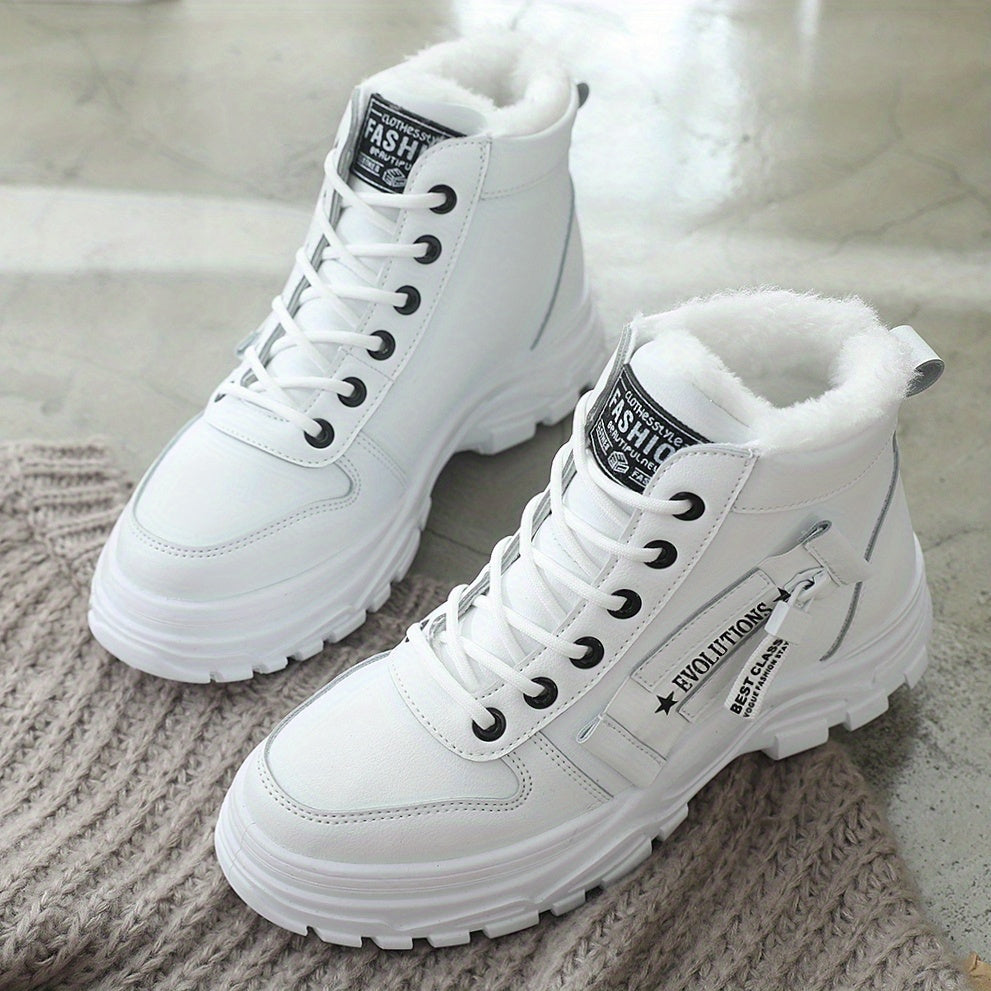 Cozy Fleece-Lined High-Top Sneakers for Women - Casual Lace-Up, Non-Slip Rubber Sole, All-Season Comfort, Warm, Boots