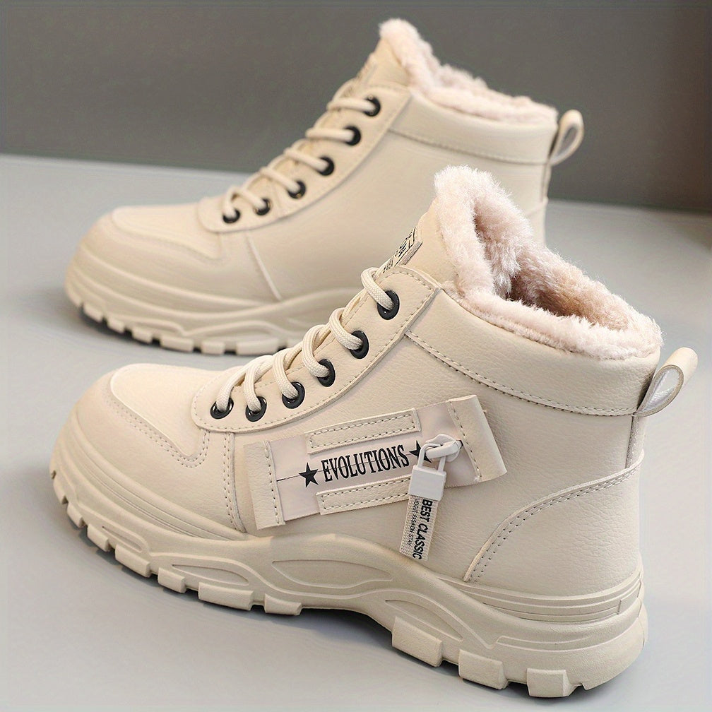 Cozy Fleece-Lined High-Top Sneakers for Women - Casual Lace-Up, Non-Slip Rubber Sole, All-Season Comfort, Warm, Boots