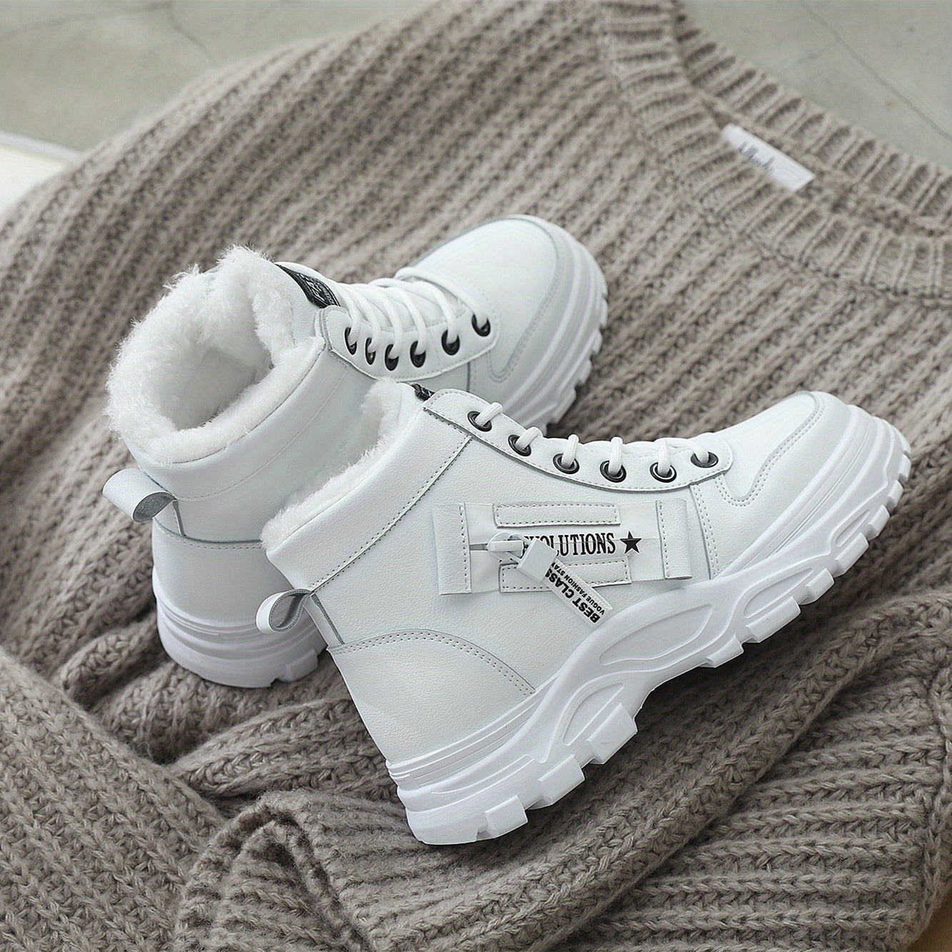 Cozy Fleece-Lined High-Top Sneakers for Women - Casual Lace-Up, Non-Slip Rubber Sole, All-Season Comfort, Warm, Boots