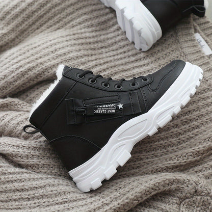Cozy Fleece-Lined High-Top Sneakers for Women - Casual Lace-Up, Non-Slip Rubber Sole, All-Season Comfort, Warm, Boots