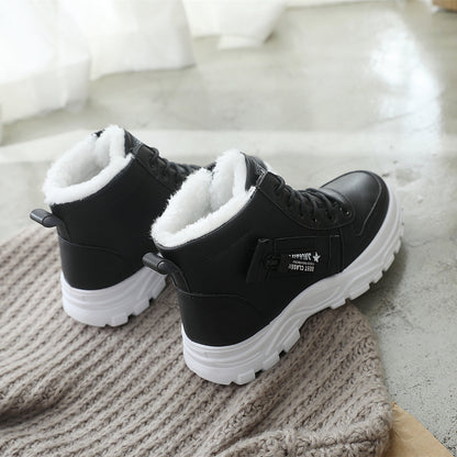 Cozy Fleece-Lined High-Top Sneakers for Women - Casual Lace-Up, Non-Slip Rubber Sole, All-Season Comfort, Warm, Boots