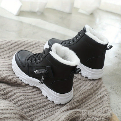 Cozy Fleece-Lined High-Top Sneakers for Women - Casual Lace-Up, Non-Slip Rubber Sole, All-Season Comfort, Warm, Boots