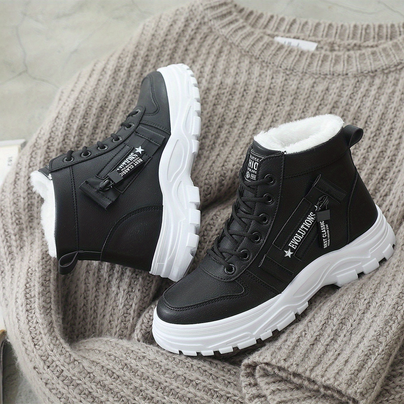 Cozy Fleece-Lined High-Top Sneakers for Women - Casual Lace-Up, Non-Slip Rubber Sole, All-Season Comfort, Warm, Boots