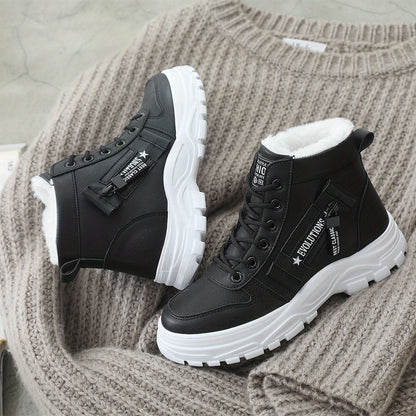 Cozy Fleece-Lined High-Top Sneakers for Women - Casual Lace-Up, Non-Slip Rubber Sole, All-Season Comfort, Warm, Boots