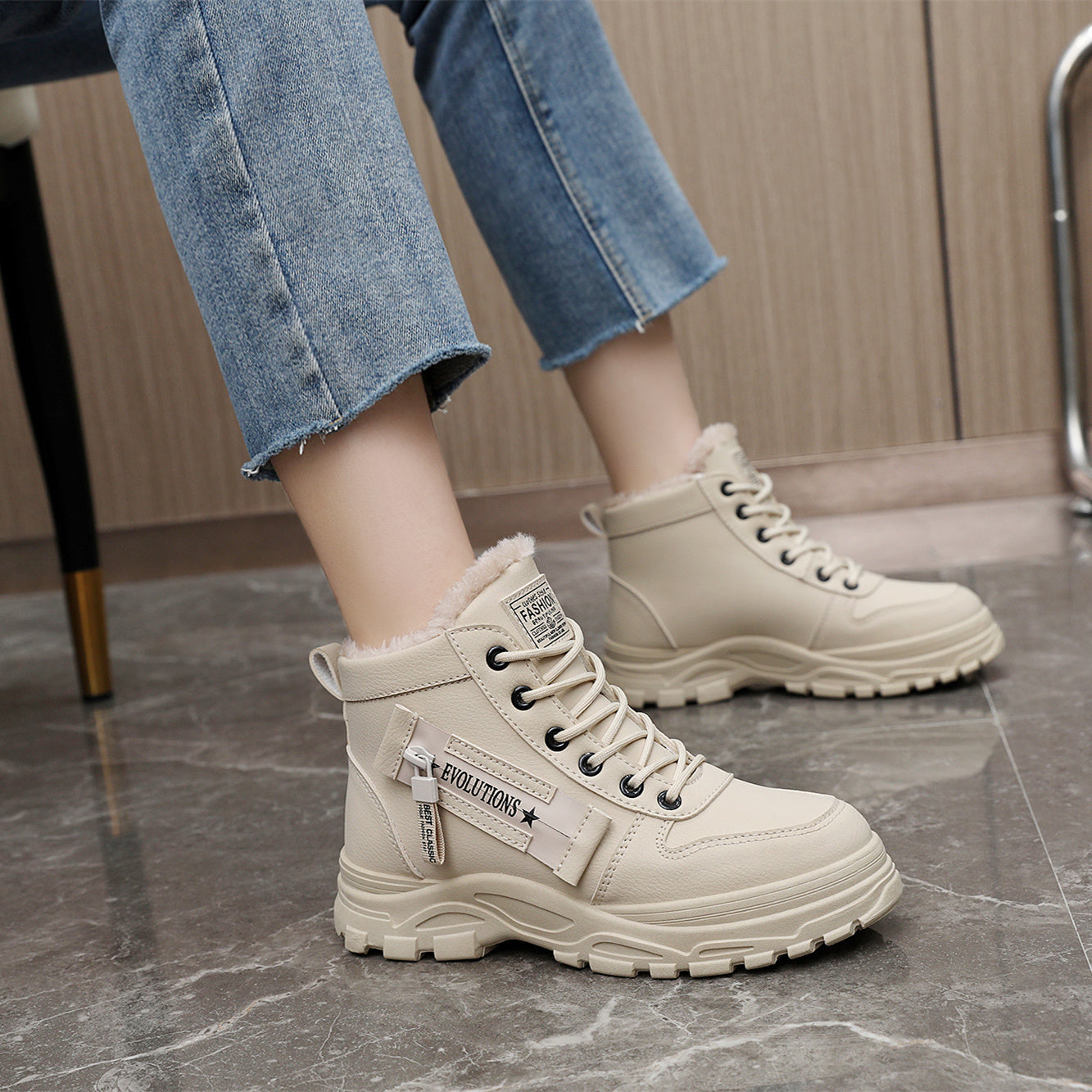 Cozy Fleece-Lined High-Top Sneakers for Women - Casual Lace-Up, Non-Slip Rubber Sole, All-Season Comfort, Warm, Boots