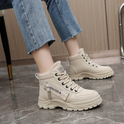 Cozy Fleece-Lined High-Top Sneakers for Women - Casual Lace-Up, Non-Slip Rubber Sole, All-Season Comfort, Warm, Boots