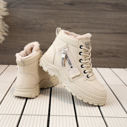 Cozy Fleece-Lined High-Top Sneakers for Women - Casual Lace-Up, Non-Slip Rubber Sole, All-Season Comfort, Warm, Boots