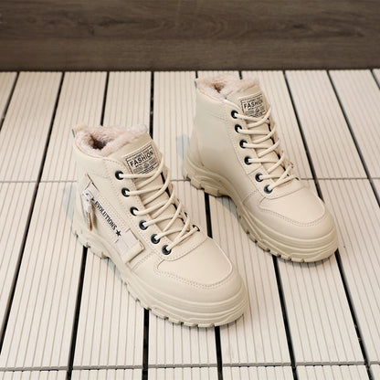Cozy Fleece-Lined High-Top Sneakers for Women - Casual Lace-Up, Non-Slip Rubber Sole, All-Season Comfort, Warm, Boots