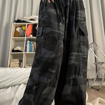 Pantaloni cargo a gamba larga con stampa mimetica, pantaloni casual con elastico in vita per primavera ed estate, abbigliamento da donna