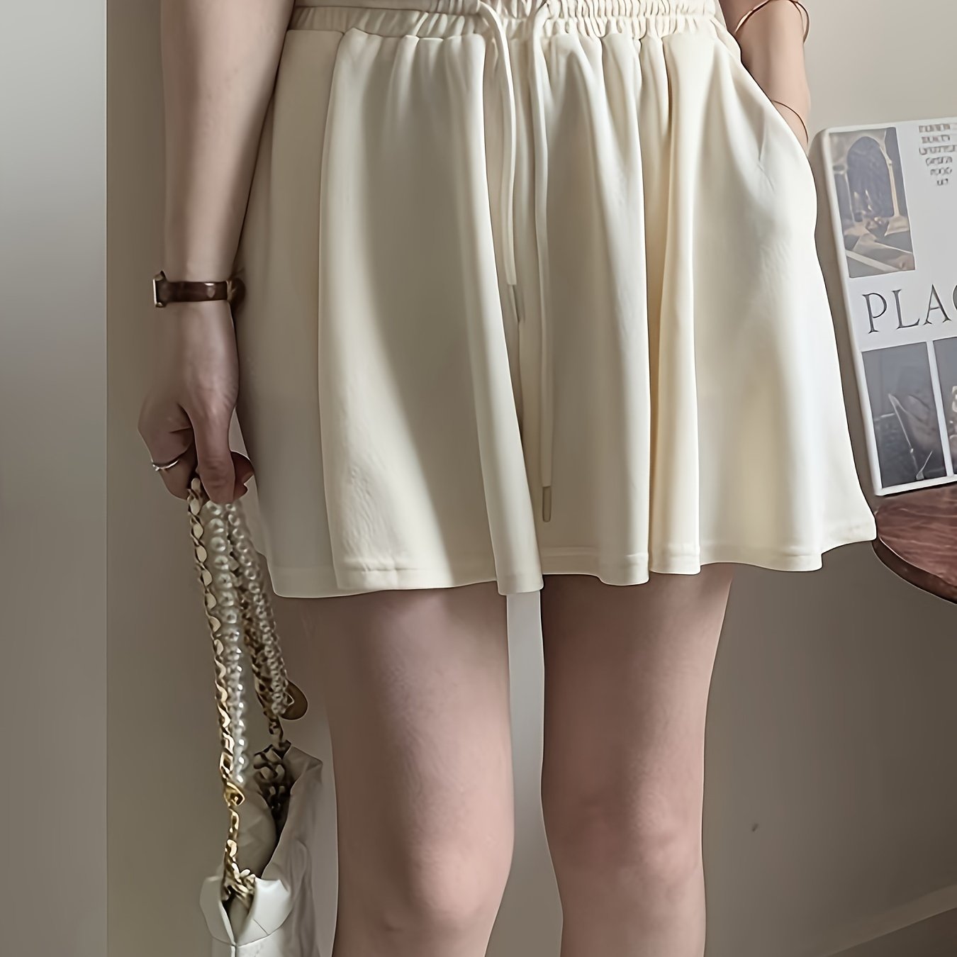 Solid Color Drawstring Waist Shorts, Casual Every Day Baggy Walking Shorts For Spring & Summer, Women's Clothing