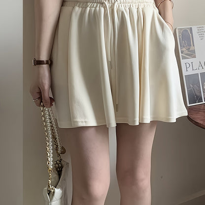 Solid Color Drawstring Waist Shorts, Casual Every Day Baggy Walking Shorts For Spring & Summer, Women's Clothing