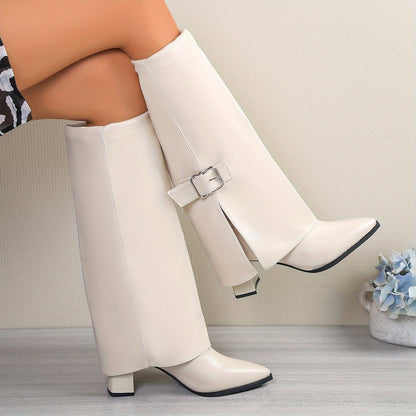 Stivali da donna alti fino al ginocchio in PU marrone con fibbia in metallo e punta affilata - Stivali eleganti per tutte le stagioni con tacco spesso, antiscivolo, soletta imbottita e supporto dell'arco plantare