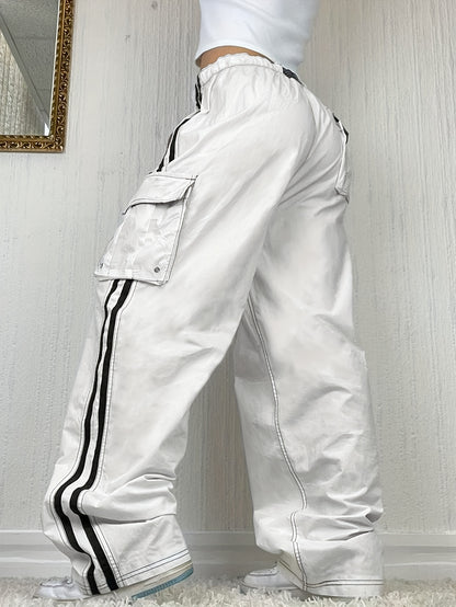 Pantaloni cargo a righe laterali Y2K, pantaloni casual streetwear hip-hop con coulisse e tasche con patta per primavera e autunno, abbigliamento da donna