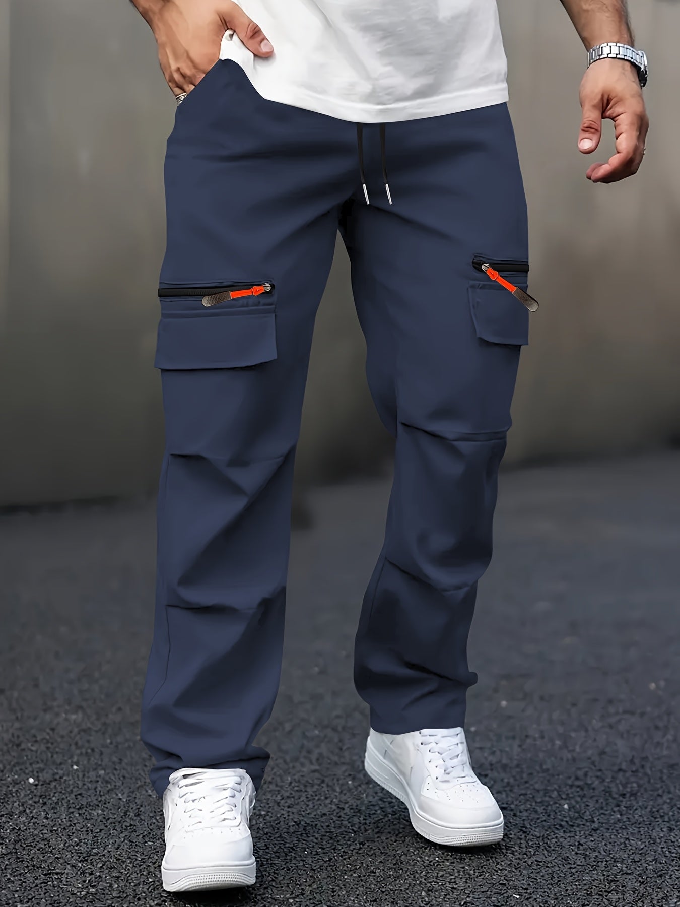 Pantaloni cargo casual da uomo con tasche multiple - Gamba dritta, vestibilità ampia, beige, dettagli con cerniera, perfetti per primavera e autunno