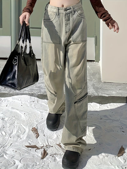 Jeans da donna in denim vintage con tasche applicate e gamba larga, larghi, lavati, stile hip-hop