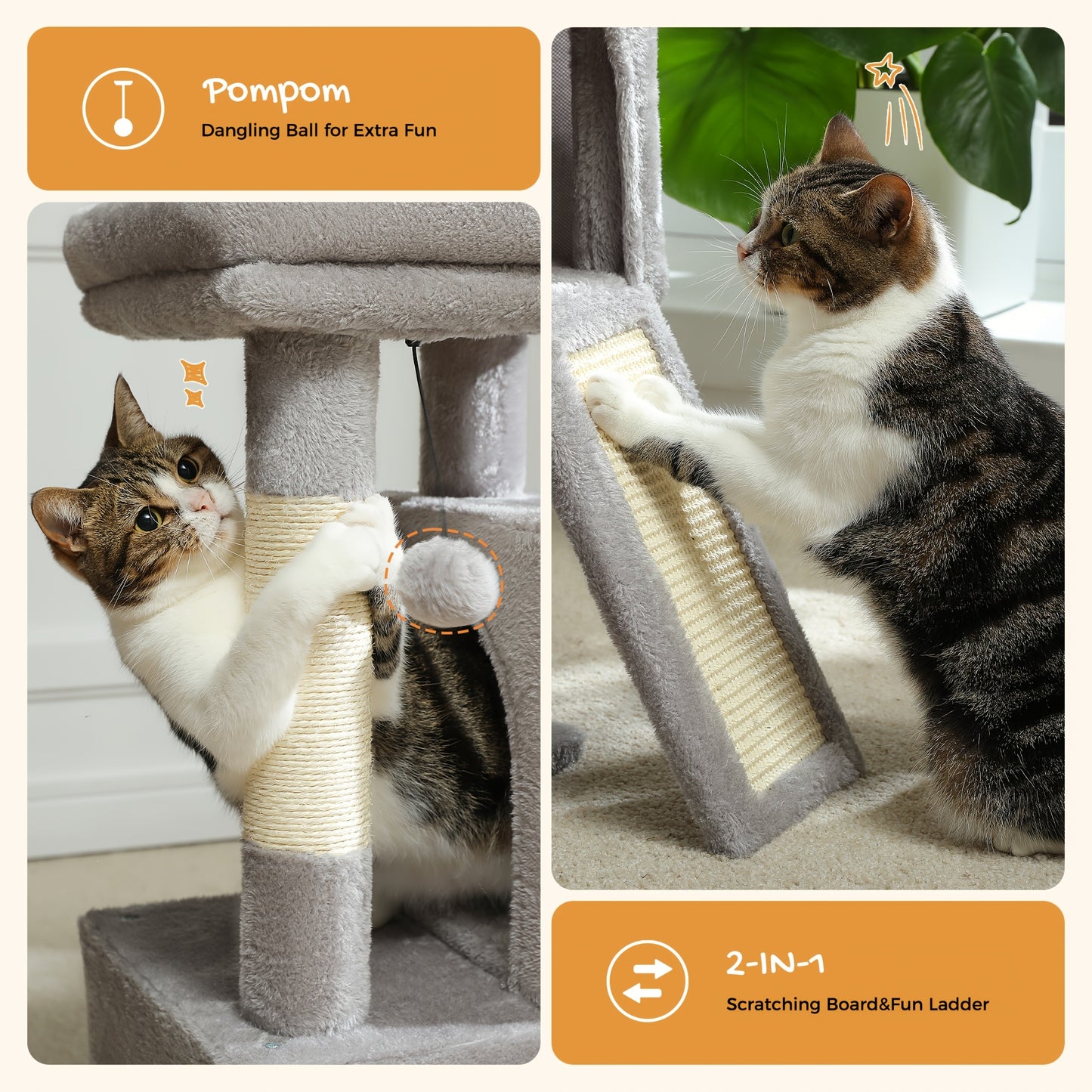 Pawz Road Cat Scratching Post with Dual Condos for Indoor Cats, All-in-One Cat House with Padded Perch, Scratching Ramp And Posts, with Interchangeable Balls